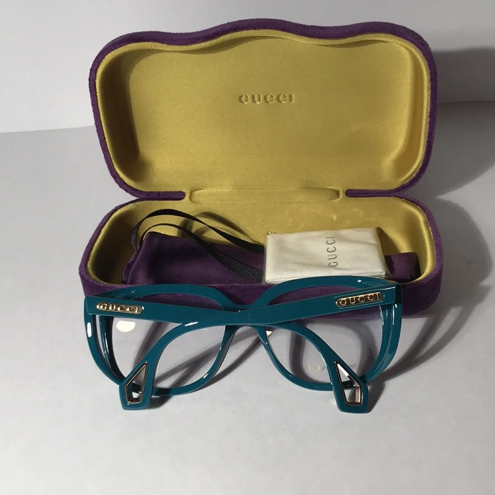 New Authentic Gucci GG0470O 003 Women’s Teal Cat-Eye Eyeglasses
